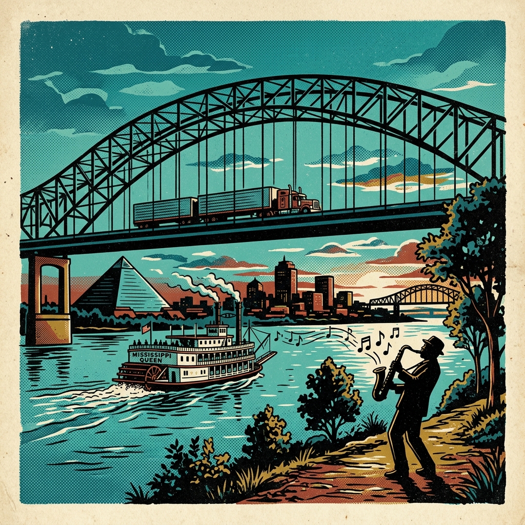 Illustration of the Memphis riverfront — bridge, pyramid and a blues saxophone player on the Mississippi bank
