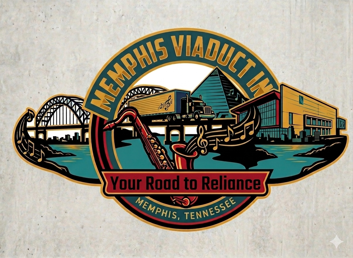 Memphis Viaduct Inc badge — the Memphis Bridge, the Pyramid, blues notes and a saxophone around a semi truck
