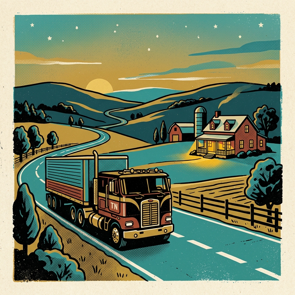 Illustration of a semi truck driving toward a farmhouse at dusk